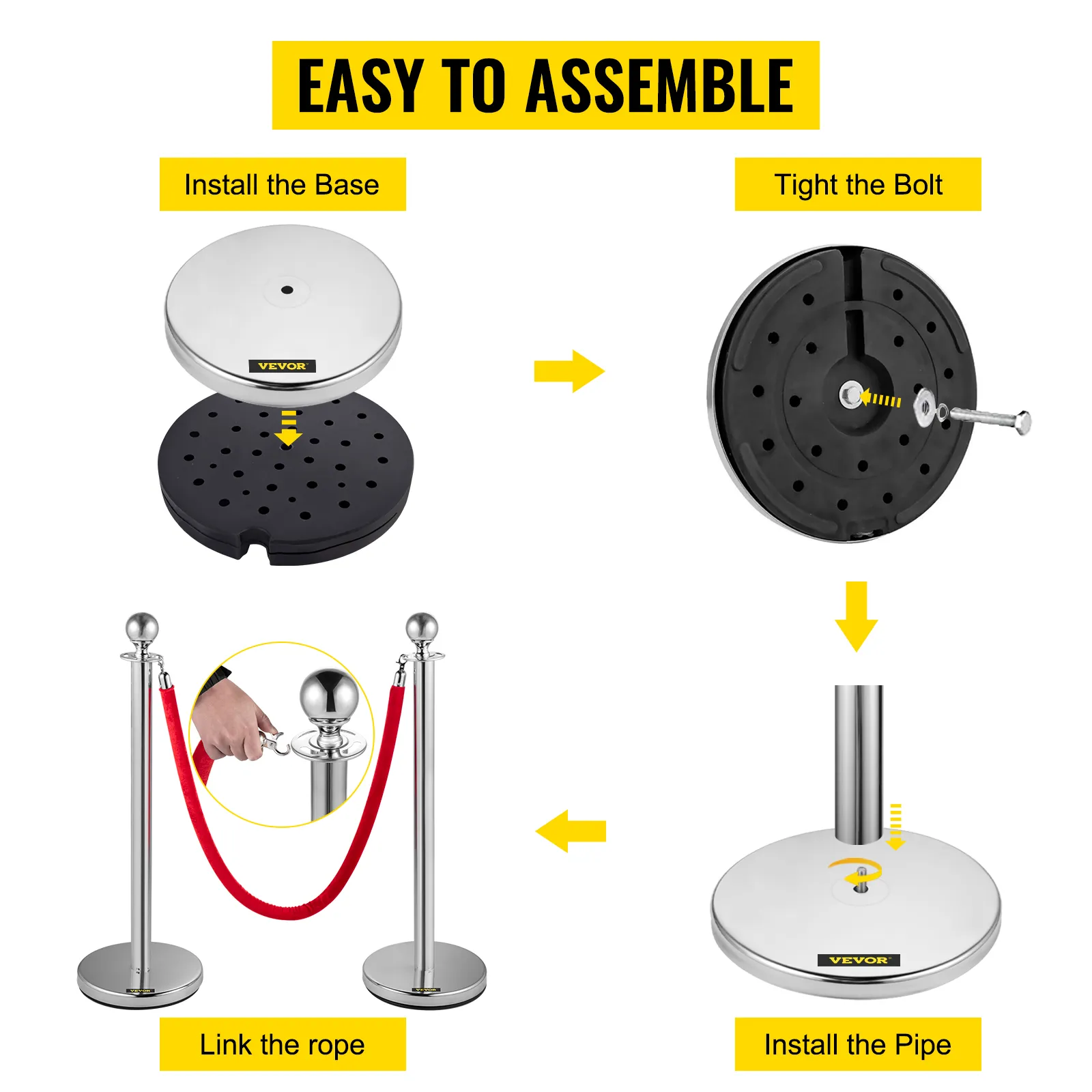 VEVOR stanchion posts easy assembly guide: install base, tighten bolt, link rope.