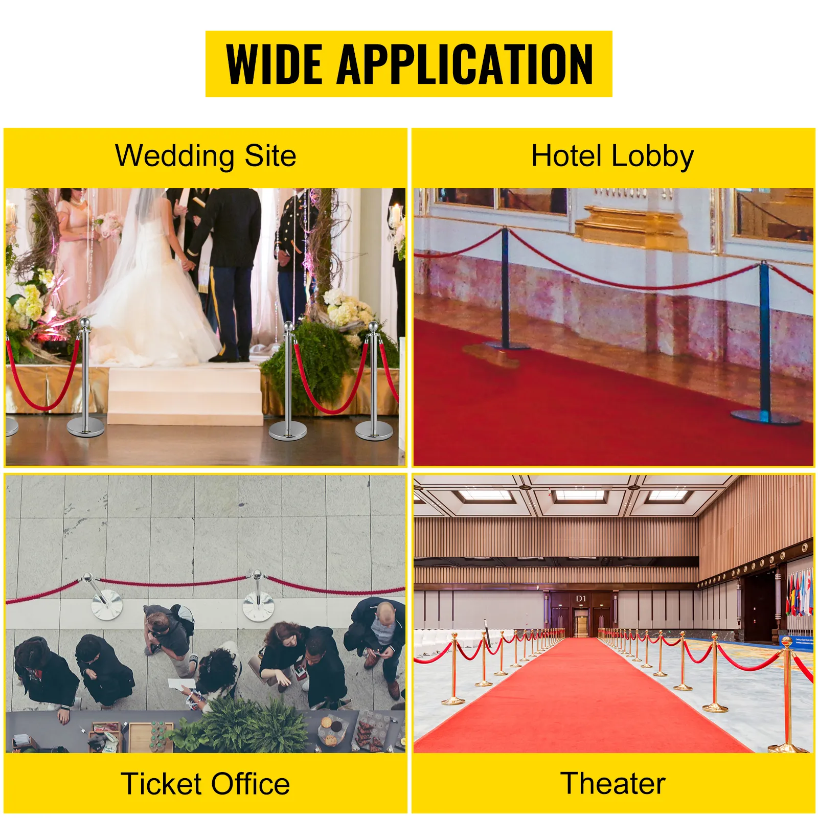wide application of VEVOR stanchion posts at wedding sites, hotel lobbies, ticket offices, and theaters.
