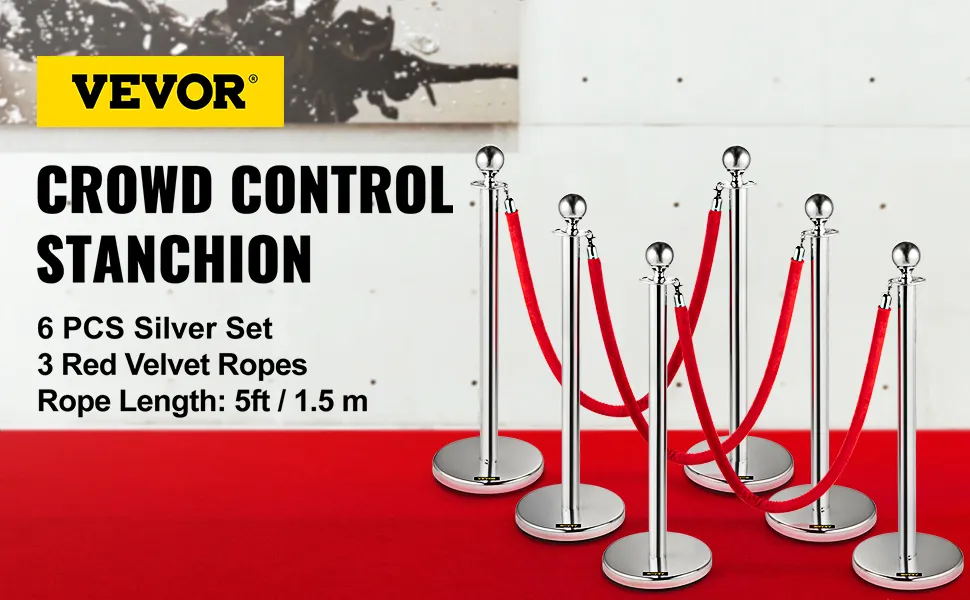 VEVOR stanchion posts: 6 silver posts with 3 red velvet ropes on a red carpet.