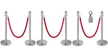 VEVOR stanchion posts with red ropes, six sleek silver posts, and one wall mount.