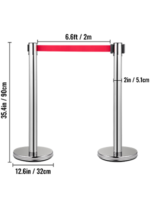 Pack De 2 Poteaux Guide-file Télescopiques - Hauteur 90 Cm, Sangle Rouge 2 M - Base Lourde Antidérapante - 6