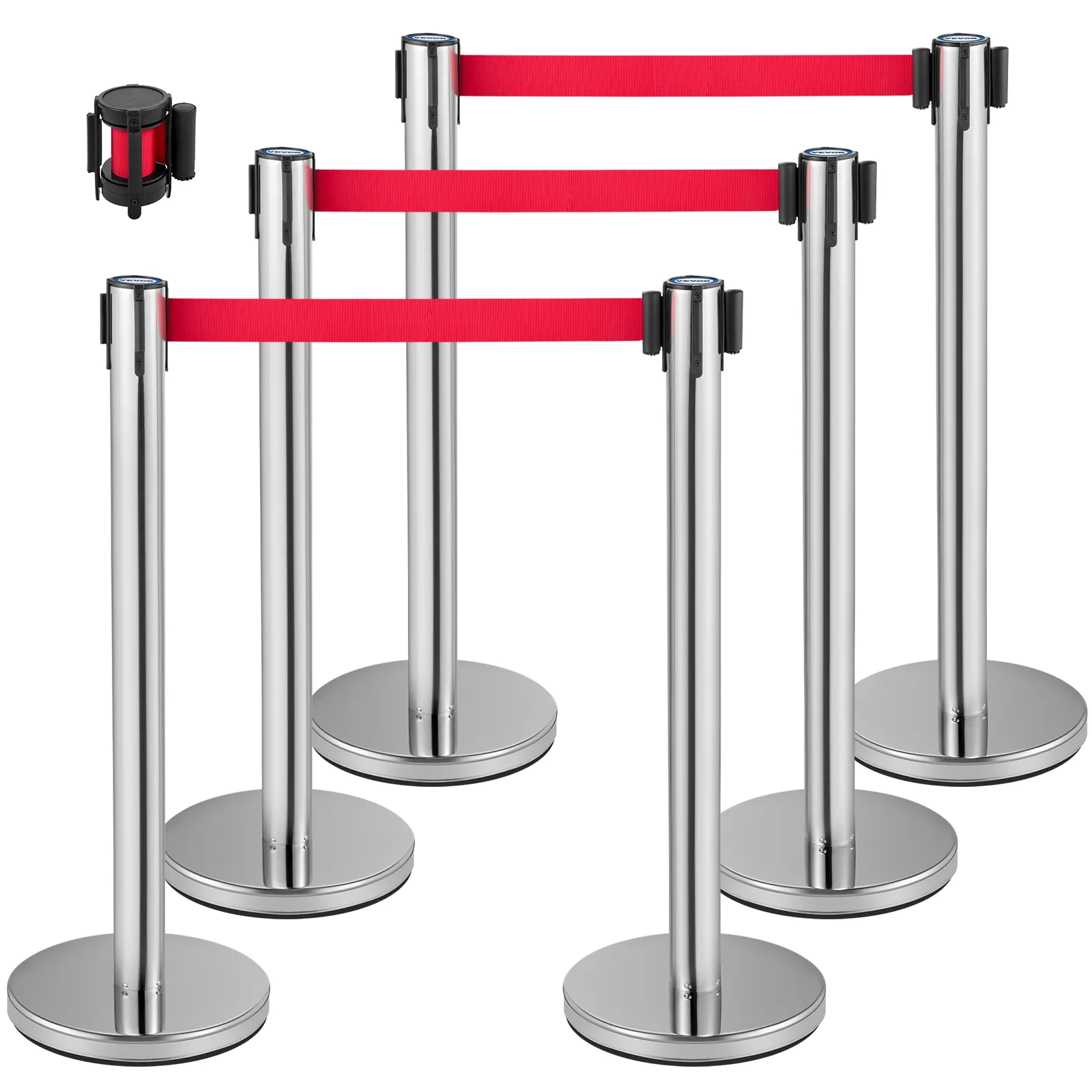 Poste de control de multitudes VEVOR con cinturones retráctiles rojos, juego de cinco.