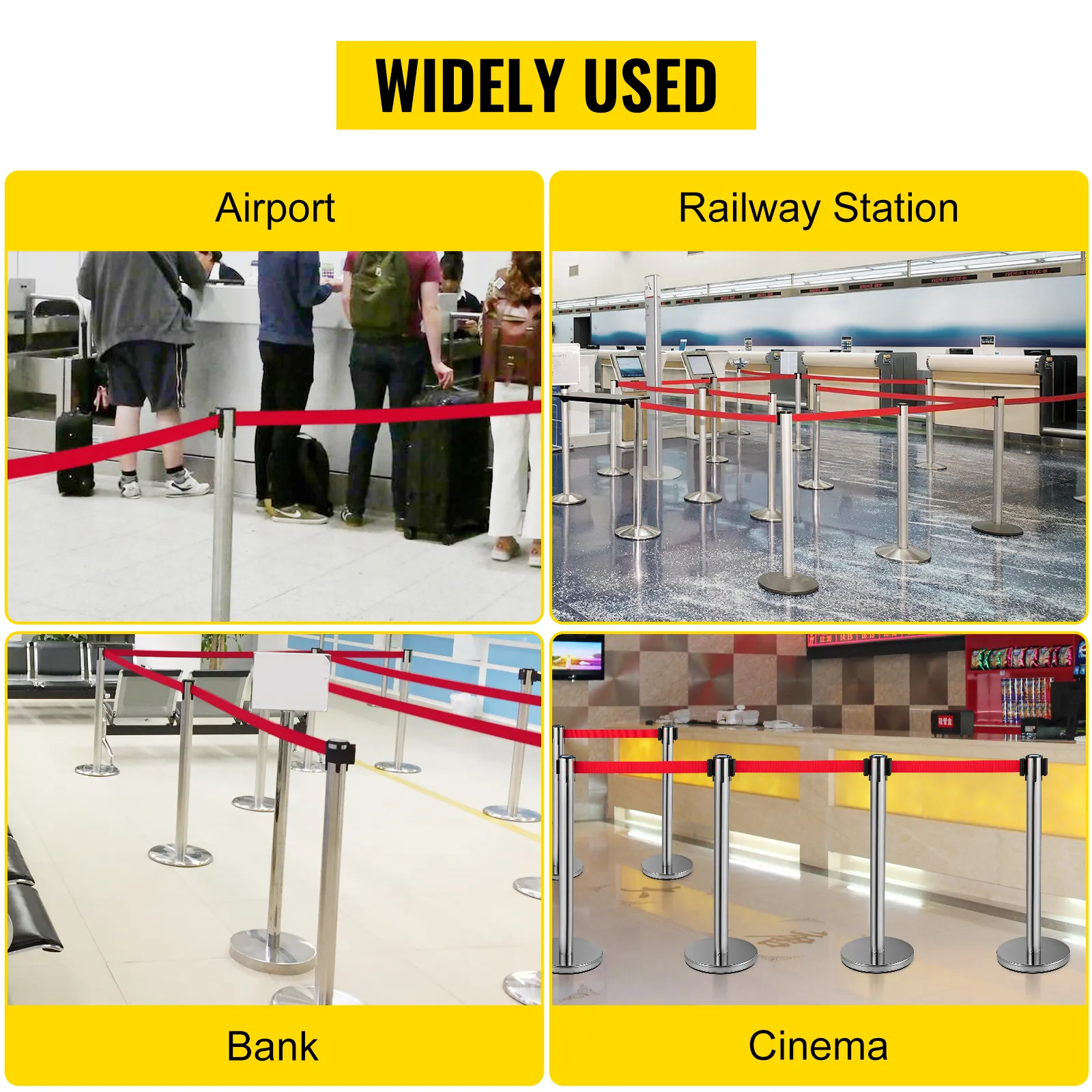 Poste de control de multitudes VEVOR utilizado en aeropuertos, estaciones de tren, bancos y cines.