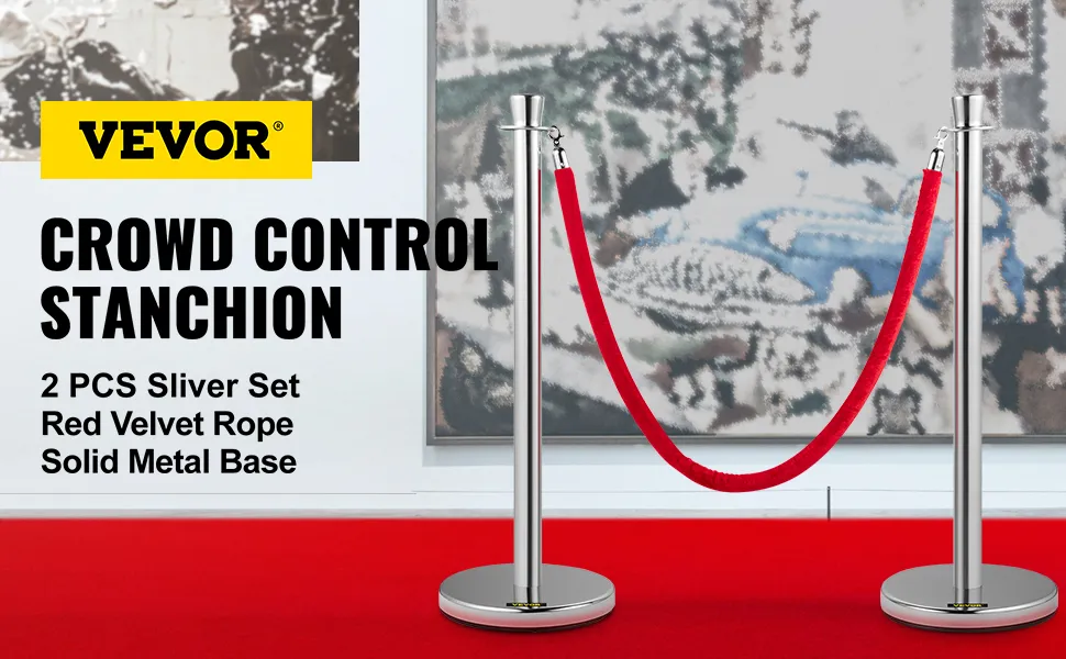 Poste de control de multitudes VEVOR con cuerda de terciopelo rojo sobre una base de metal sólido, juego de 2 piezas de plata.