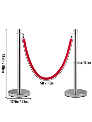 Poste de control de multitudes VEVOR con cuerda de terciopelo rojo y detalles de medidas.