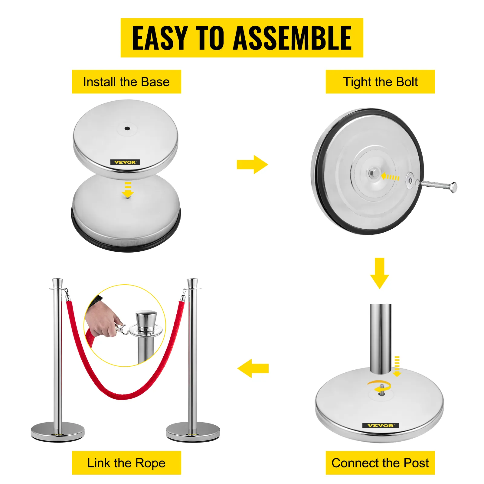 Pasos de montaje sencillos para el poste de control de multitudes VEVOR con base, perno y cuerda roja.