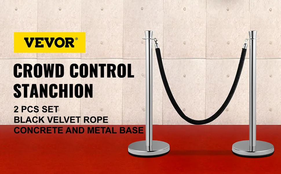 VEVOR crowd control stanchion with black velvet rope and metal base, 2 pcs set