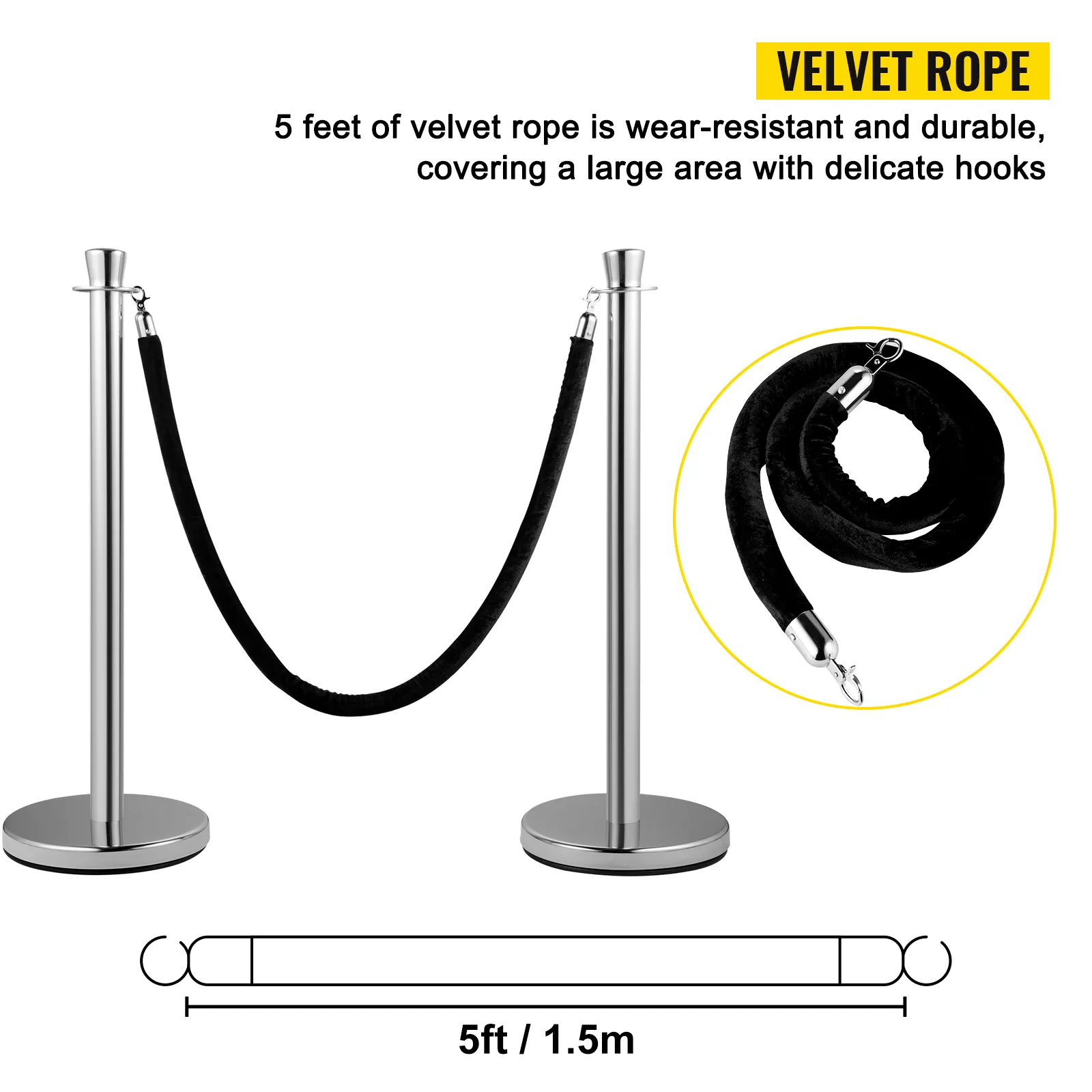 VEVOR crowd control stanchion with 5ft velvet rope and durable hooks.