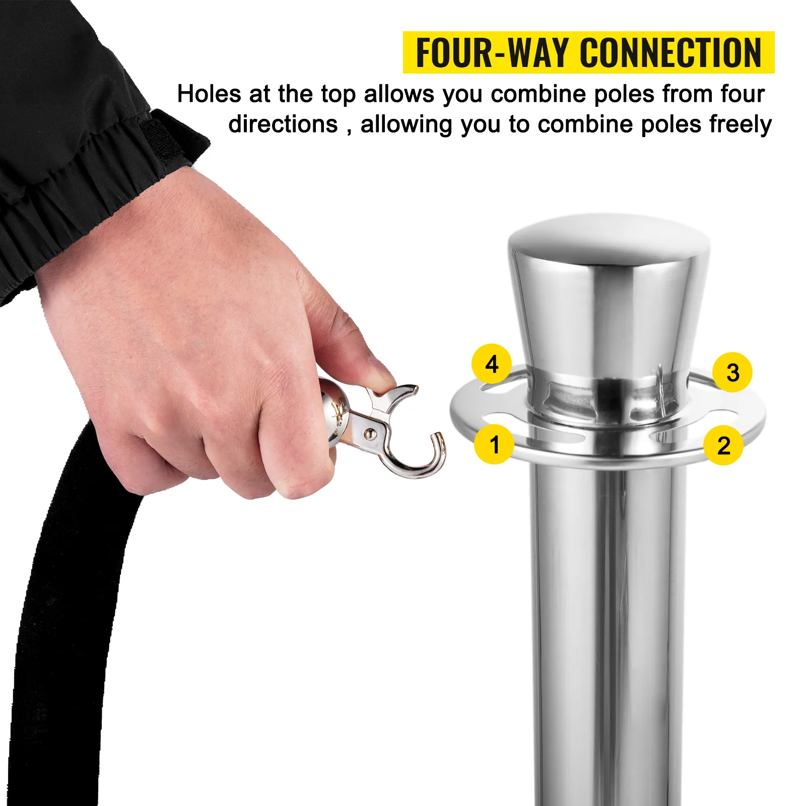 hand connecting VEVOR crowd control stanchion to pole with four-way connection.