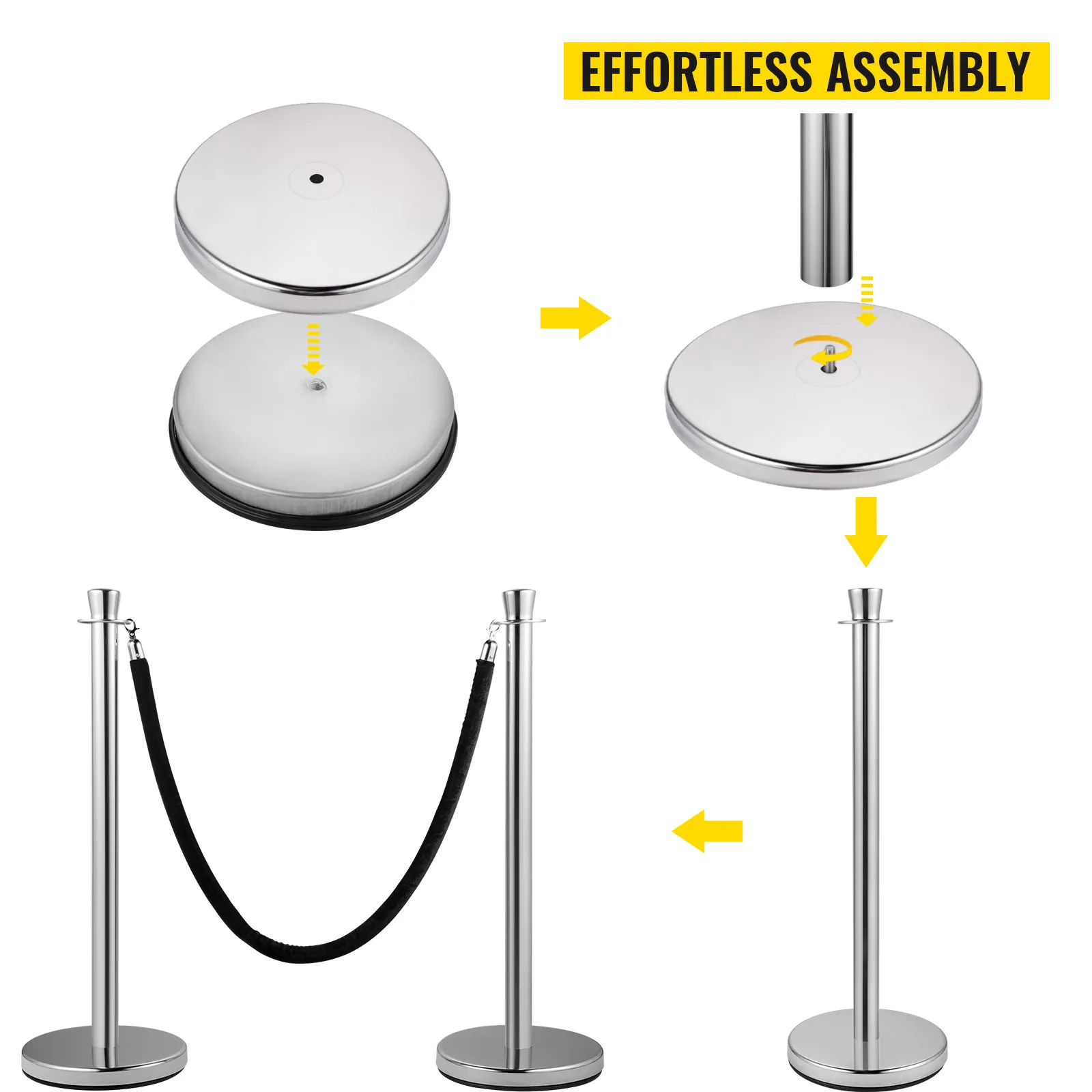 effortless assembly of VEVOR crowd control stanchion with chrome posts and black rope.