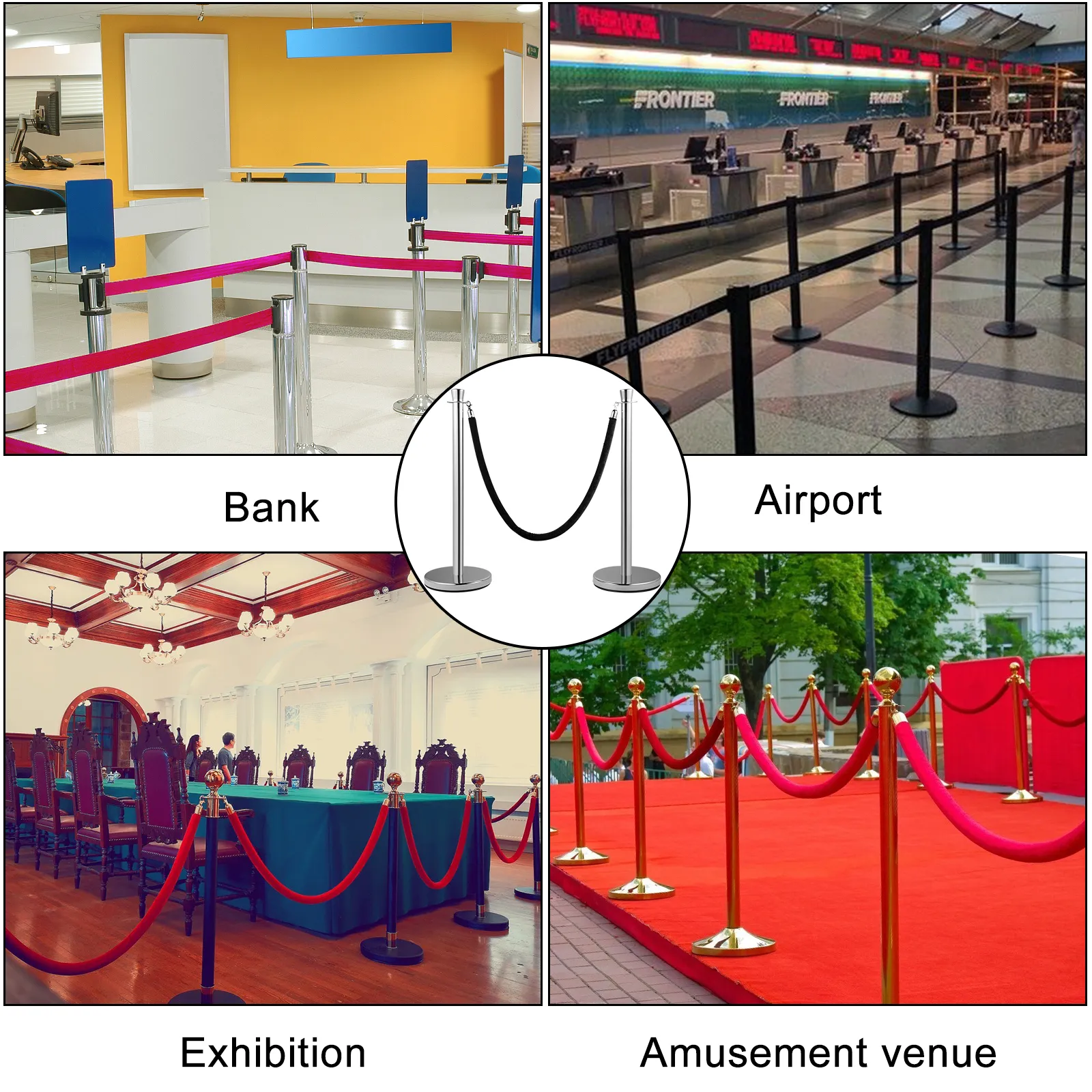 VEVOR crowd control stanchion in bank, airport, exhibition, and amusement venue.