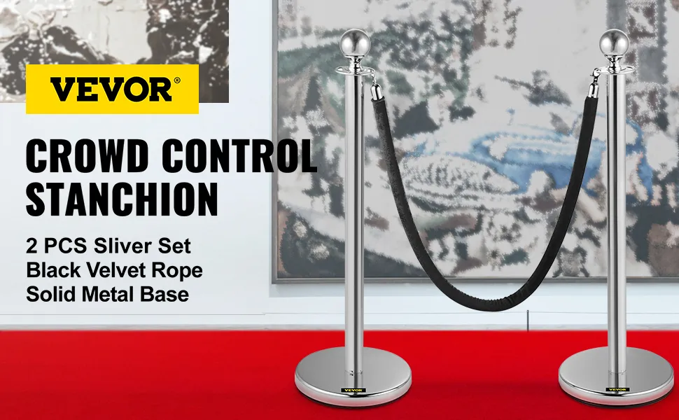 Poste de control de multitudes VEVOR, juego de 2 piezas plateado con cuerda de terciopelo negro sobre alfombra roja.