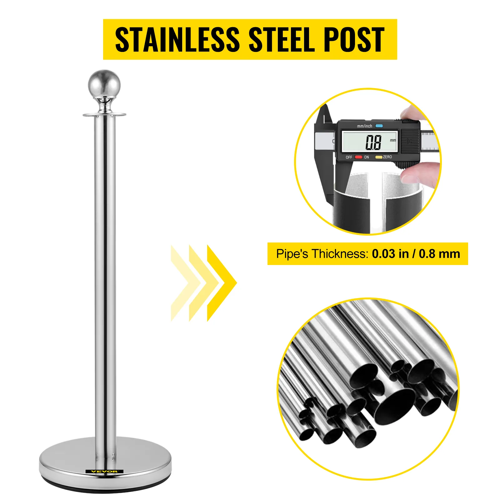 Poste de control de multitudes VEVOR con poste de acero inoxidable y espesor de 0,03 in / 0,8 mm.