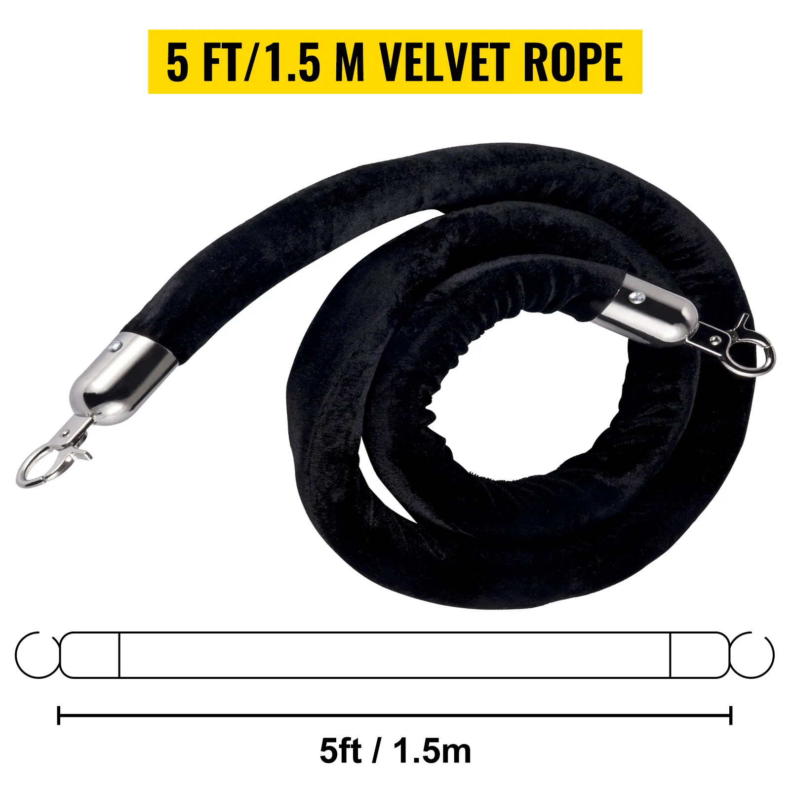 Cuerda de terciopelo para control de multitudes VEVOR de 5 pies con ganchos, enrollada y desenrollada.