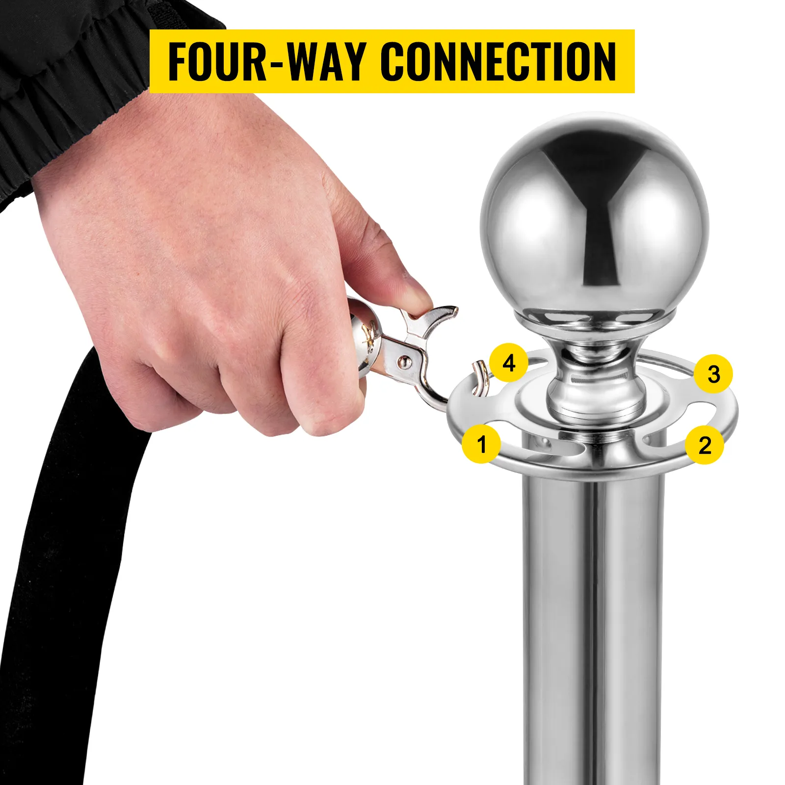 mano que conecta una correa a un poste de control de multitudes VEVOR con puntos de conexión de cuatro vías.