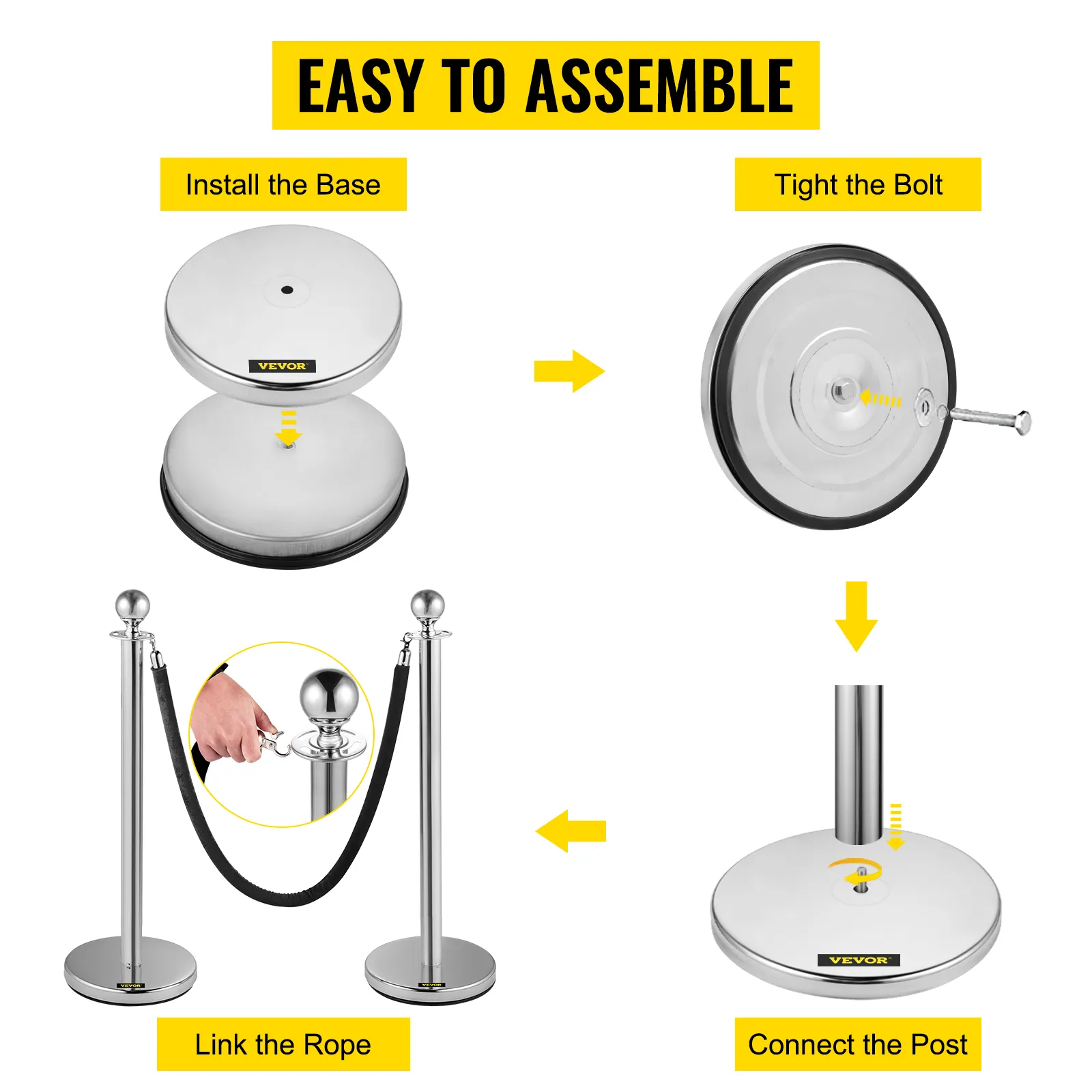 Pasos de montaje sencillos para el poste de control de multitudes VEVOR con base, perno, poste y cuerda.