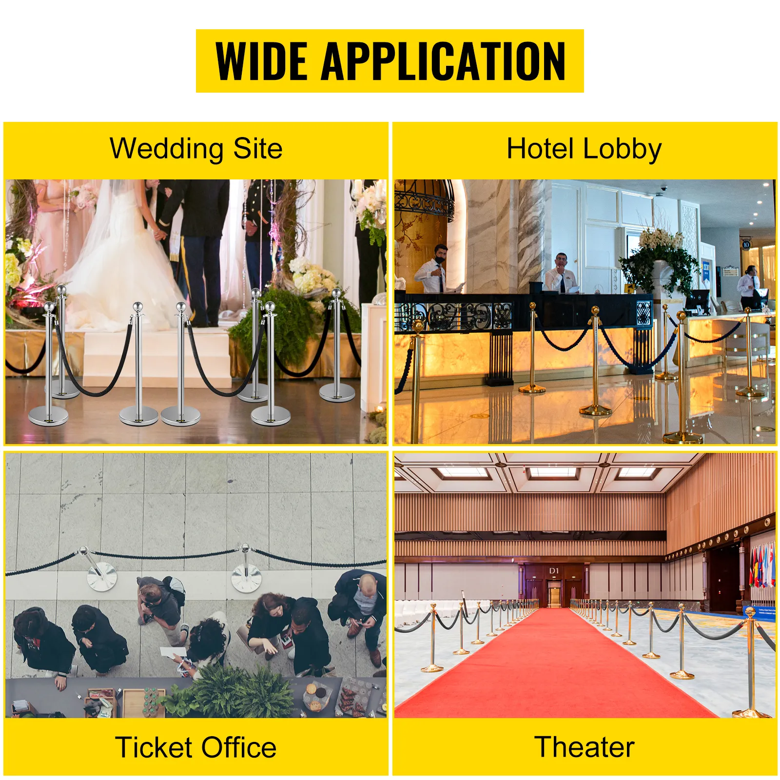 Amplia aplicación del poste de control de multitudes VEVOR para bodas, hoteles, entradas, teatros.