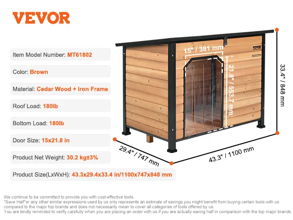 VEVOR outdoor dog house specifications: cedar wood and iron frame, brown color, dimensions 43.3"x29.4"x33.4".