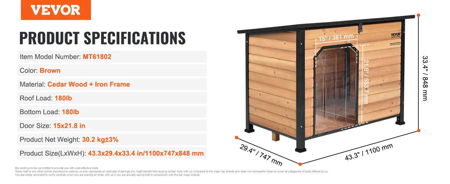 VEVOR outdoor dog house specifications: cedar wood and iron frame, brown color, dimensions 43.3"x29.4"x33.4".