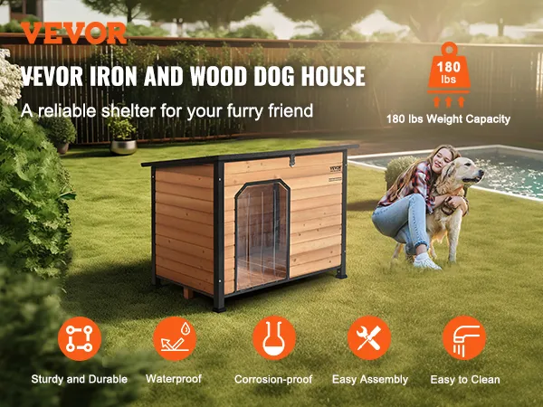 VEVOR outdoor dog house - sturdy, waterproof, corrosion-proof, easy assembly, and easy to clean.