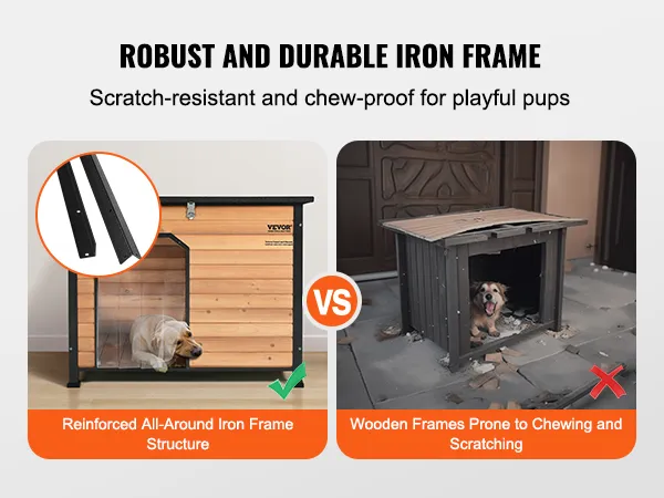 robust and durable VEVOR outdoor dog house with reinforced iron frame compared to damaged wooden frame.