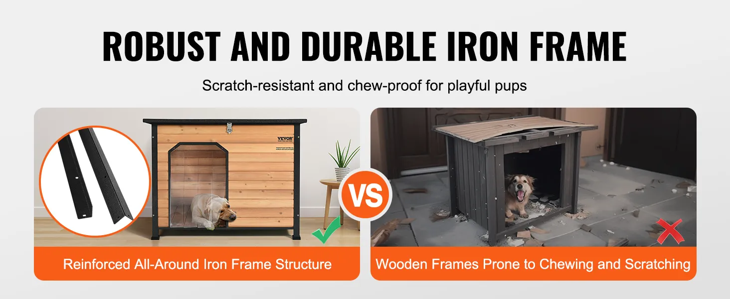 robust and durable VEVOR outdoor dog house with reinforced iron frame compared to damaged wooden frame.