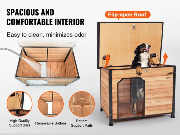VEVOR outdoor dog house with flip-open roof, removable bottom, high-quality support bars, and spacious interior.