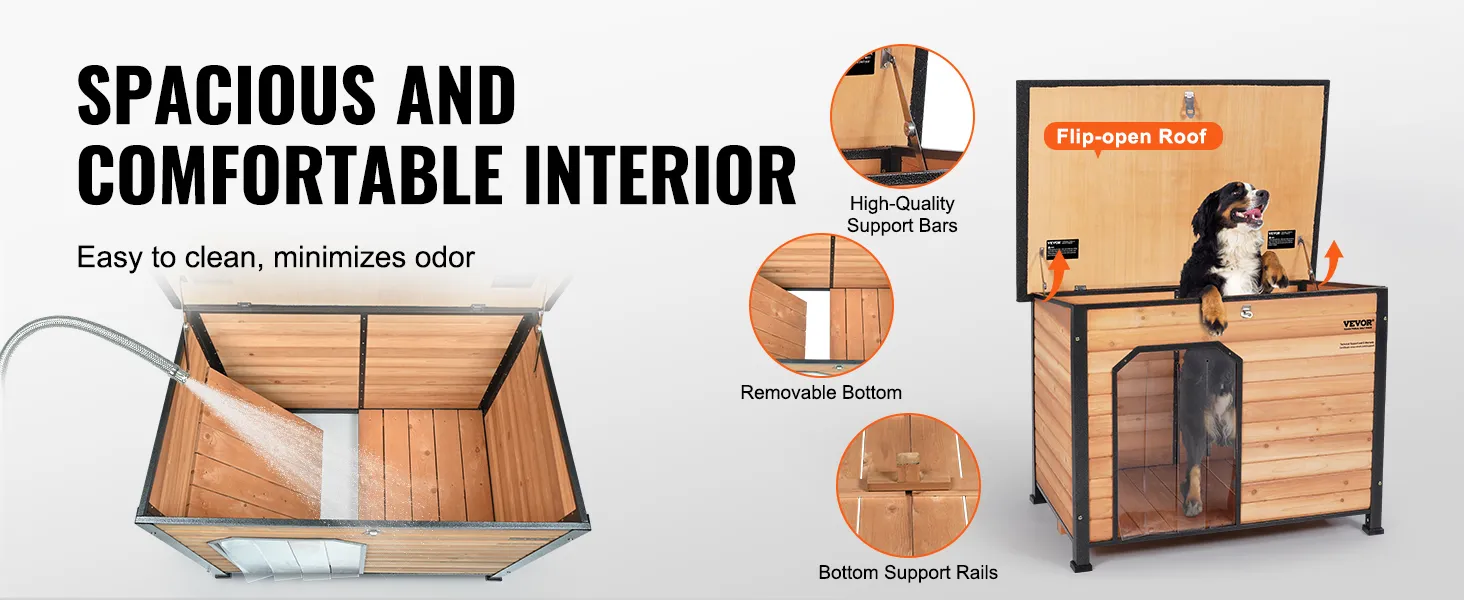 VEVOR outdoor dog house with flip-open roof, removable bottom, high-quality support bars, and spacious interior.