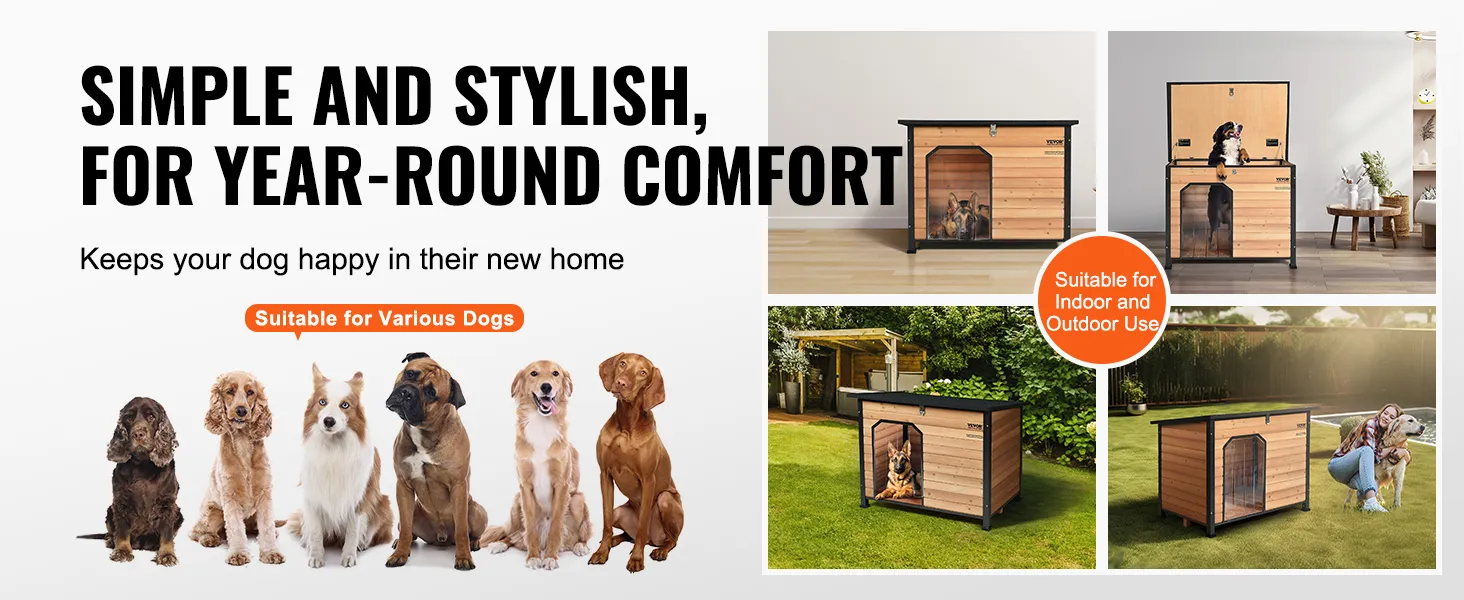simple and stylish VEVOR outdoor dog house, suitable for various dogs, ideal for indoor and outdoor use.