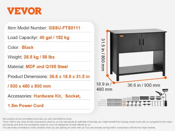 Stojak pod akwarium VEVOR, czarny, 36,6 x 18,9 x 31,5 cala, płyta MDF i stal Q195, ładowność 40 galonów.