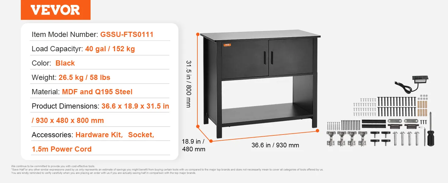 Stojak pod akwarium VEVOR, czarny, 36,6 x 18,9 x 31,5 cala, płyta MDF i stal Q195, ładowność 40 galonów.