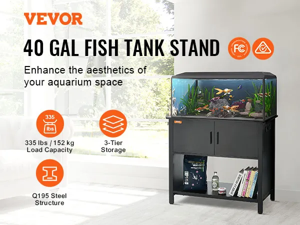 Stojak pod akwarium VEVOR z 3-poziomową przestrzenią do przechowywania, nośnością 335 funtów i wbudowanym gniazdem, certyfikowany przez UL/CE/SAA.