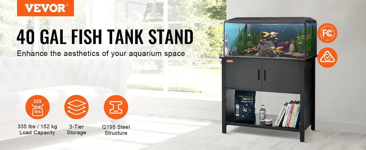 Stojak pod akwarium VEVOR z 3-poziomową przestrzenią do przechowywania, nośnością 335 funtów i wbudowanym gniazdem, certyfikowany przez UL/CE/SAA.