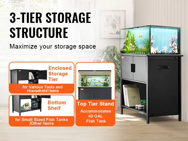 3-poziomowa szafka pod akwarium VEVOR z górnym poziomem na zbiornik 40 galonów, zamkniętą przestrzenią do przechowywania i dolną półką.