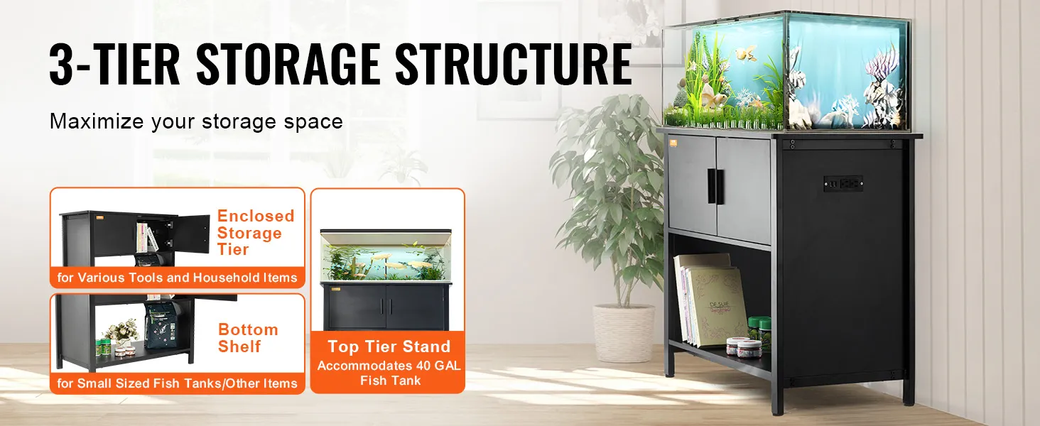 3-poziomowa szafka pod akwarium VEVOR z górnym poziomem na zbiornik 40 galonów, zamkniętą przestrzenią do przechowywania i dolną półką.