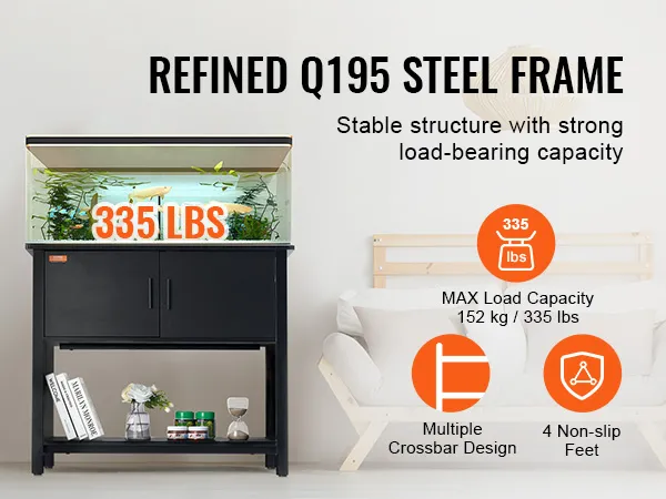 Stojak pod akwarium VEVOR z ramą stalową q195 o udźwigu 335 funtów; wyposażony w miejsce do przechowywania, książki i akwarium.