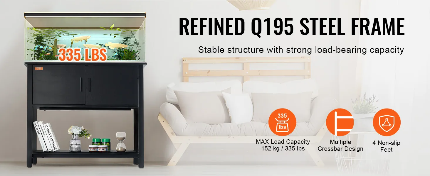 Stojak pod akwarium VEVOR z ramą stalową q195 o udźwigu 335 funtów; wyposażony w miejsce do przechowywania, książki i akwarium.