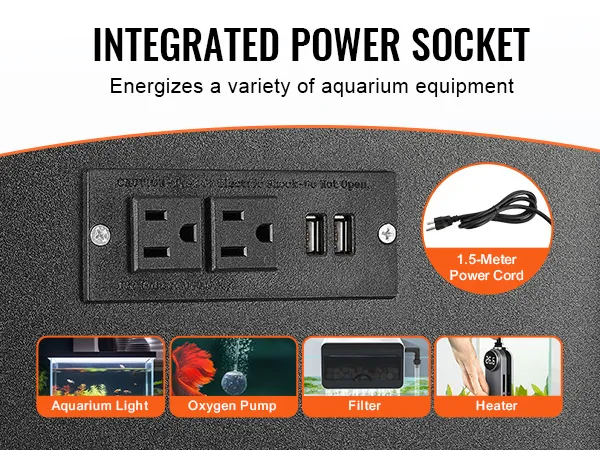 zintegrowane gniazdo zasilania do stojaka pod akwarium VEVOR, zasila oświetlenie akwarium, grzałkę, pompę tlenową i filtr.