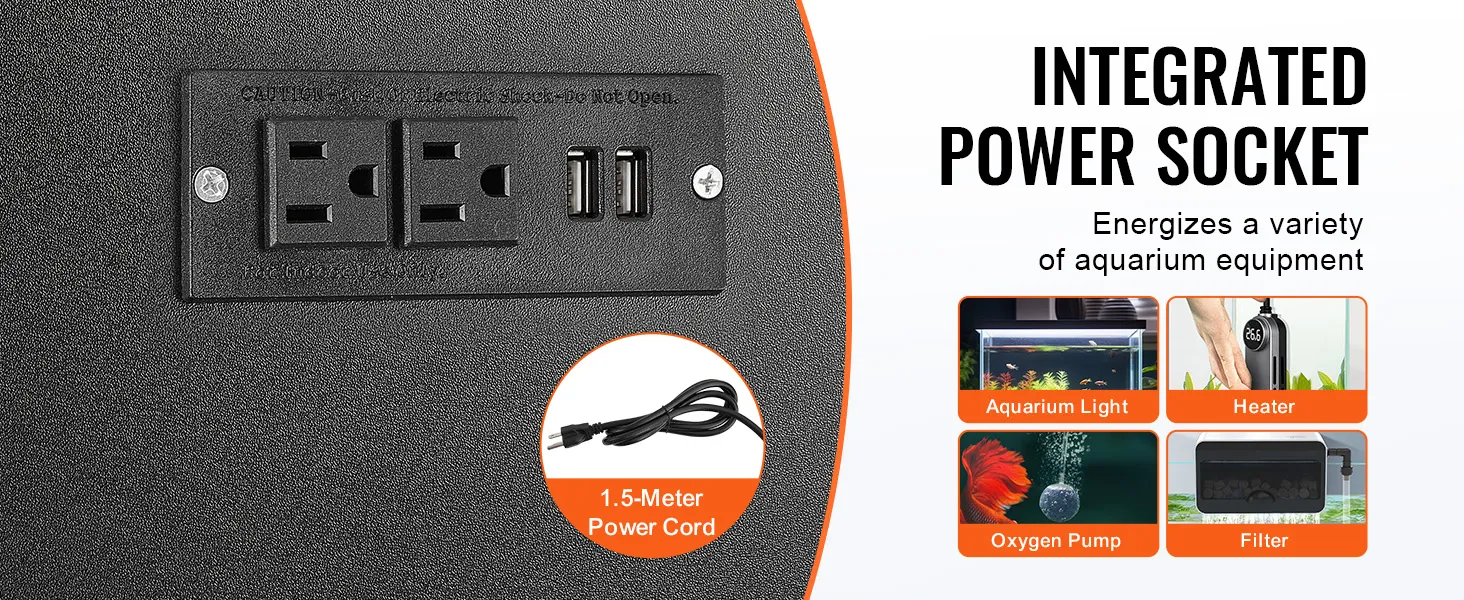 zintegrowane gniazdo zasilania do stojaka pod akwarium VEVOR, zasila oświetlenie akwarium, grzałkę, pompę tlenową i filtr.