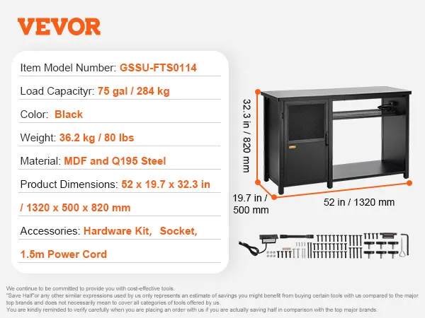 VEVOR aquarium stand 75 gallon, black, mdf and q195 steel, 75 gal capacity, 36.2 kg, 52 x 19.7 x 32.3 in.