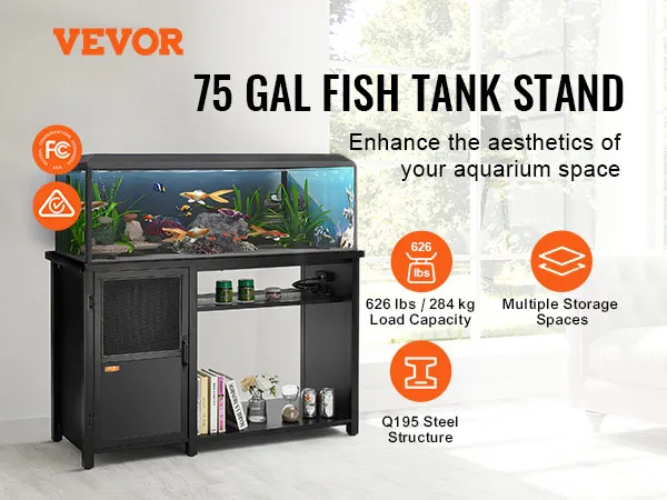 VEVOR aquarium stand 75 gallon with storage spaces, 626 lb load capacity, and certified embedded socket.