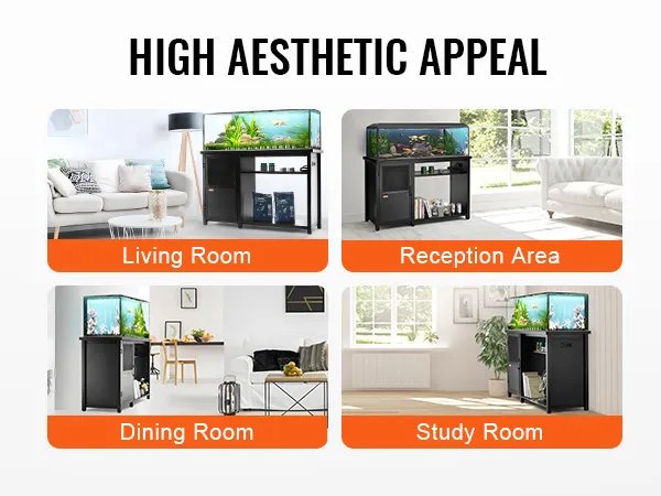 VEVOR aquarium stand 75 gallon in different rooms: living room, reception area, dining room, study room.