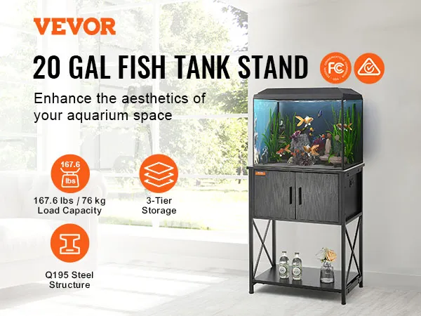 VEVOR aquarium stand with 20-gallon fish tank, 3-tier storage, 167.6 lbs load capacity.