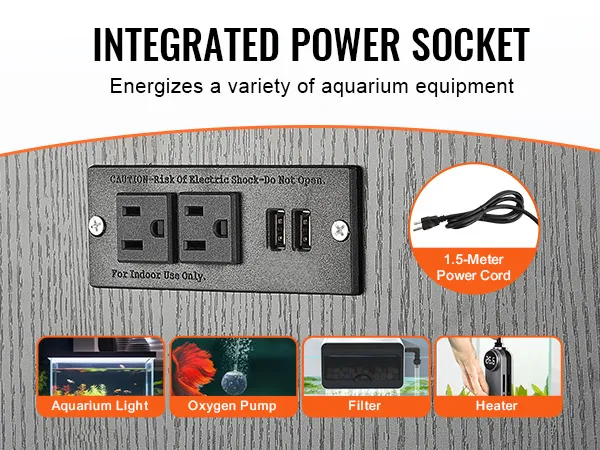 integrated power socket on wood panel with 1.5-meter cord for VEVOR aquarium stand to power equipment.
