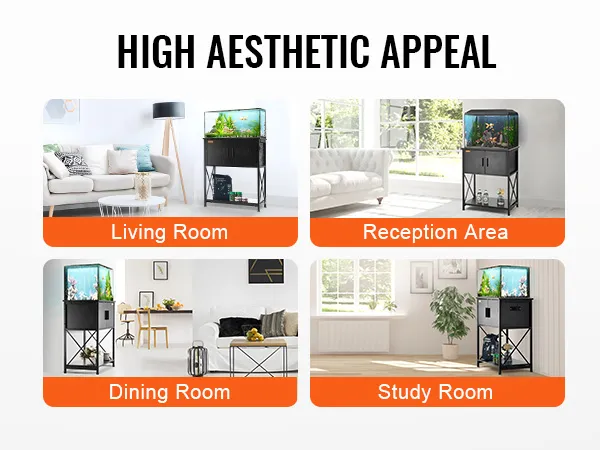 VEVOR aquarium stand displayed in living room, reception area, dining room, and study room settings