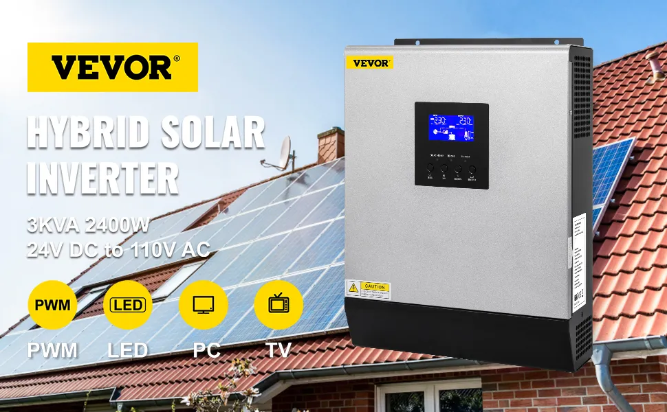 Inversor solar híbrido VEVOR montado cerca de un tejado con paneles solares.