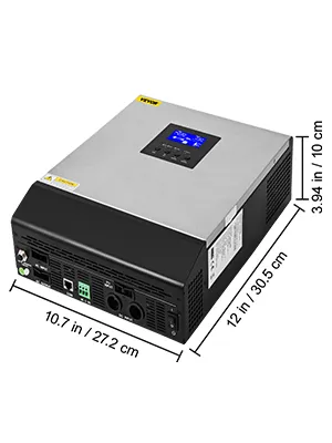 Inversor solar híbrido VEVOR con dimensiones y pantalla lcd.