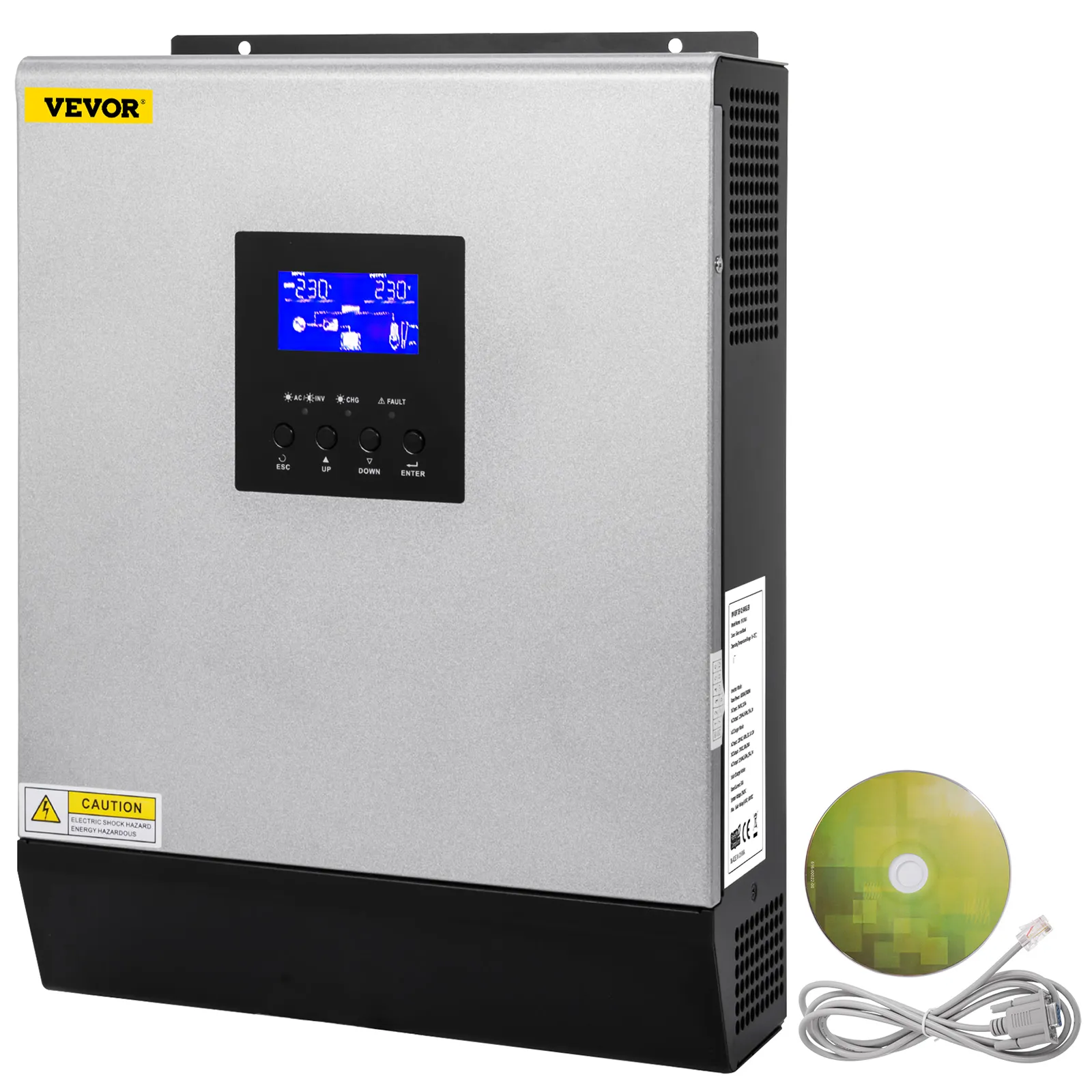 Inversor solar híbrido VEVOR con pantalla LCD, hardware de instalación y CD.