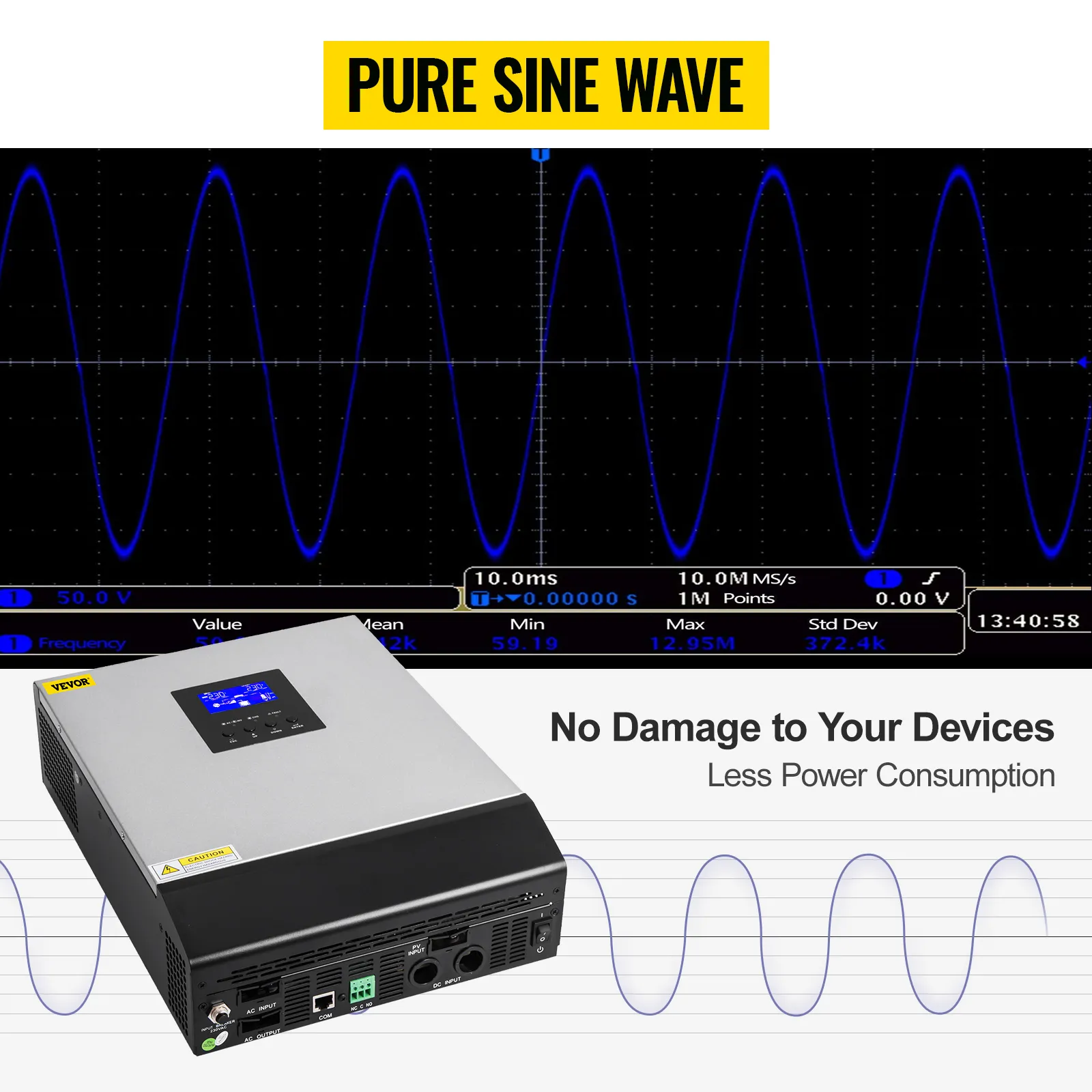 Inversor solar híbrido VEVOR con onda sinusoidal pura, que garantiza un menor consumo energético.