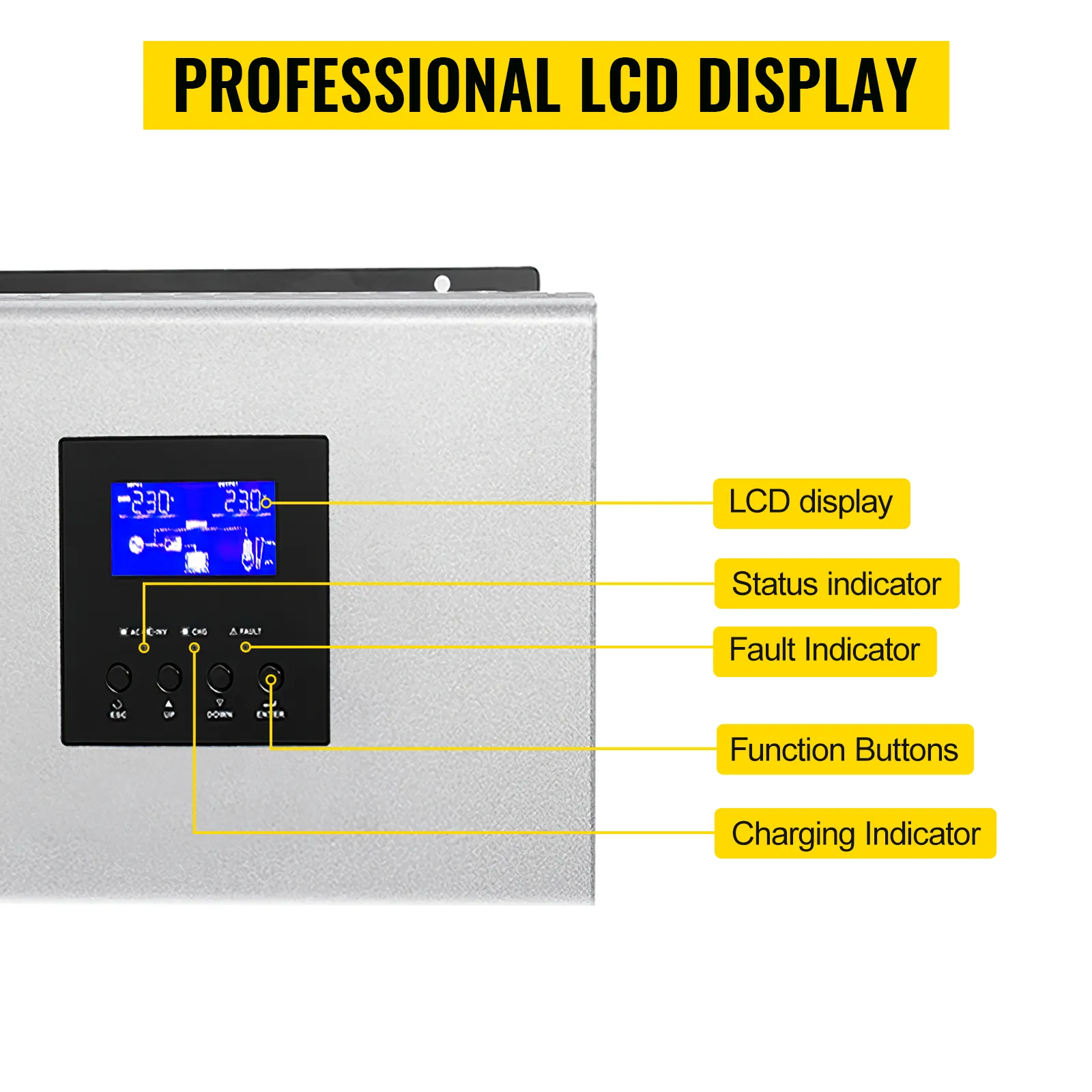 Inversor solar híbrido VEVOR con pantalla LCD, indicadores de estado, falla y carga.